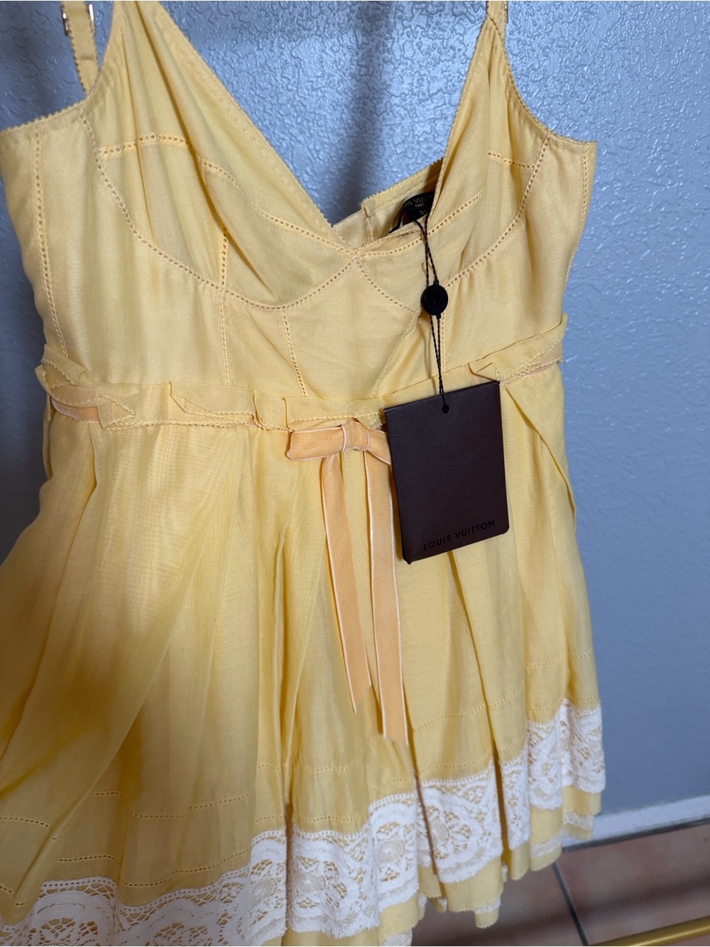 Louis Vuitton Pale  Yellow Lace-Trim Spaghetti Strap Dress